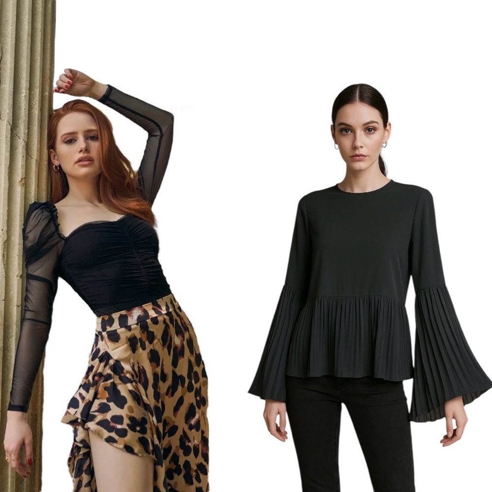 XS Madelaine Petsch Puff Sleeve Bodysuit &‎ Pleated Bell Sleeve Top